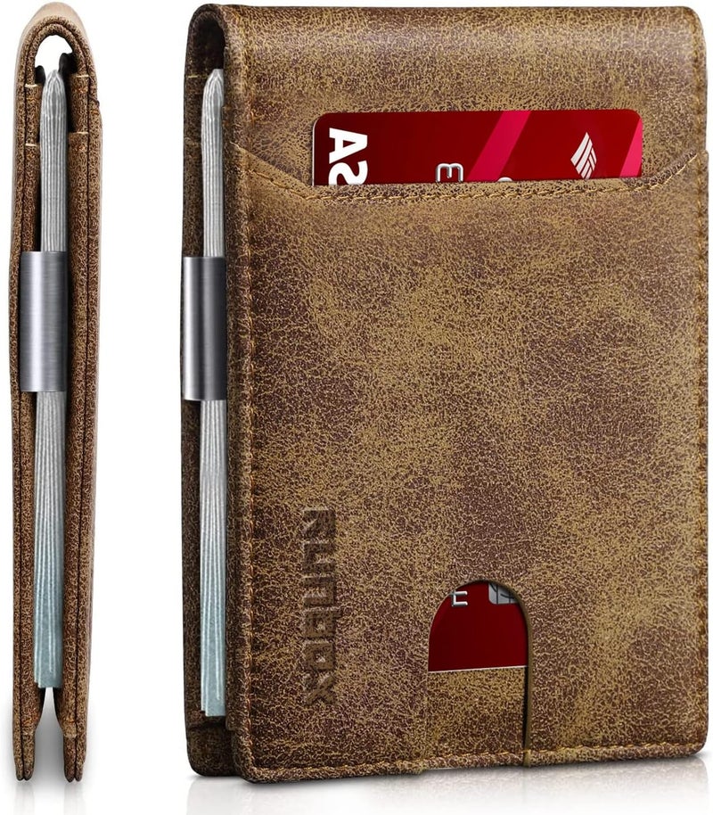 RUNBOX محافظ نقود للرجال، محفظة جلدية رفيعة للرجال، محفظة جيب أمامية مانعة لتقنية RFID، حامل بطاقات ائتمان رفيع مع صندوق هدايا - Image 1